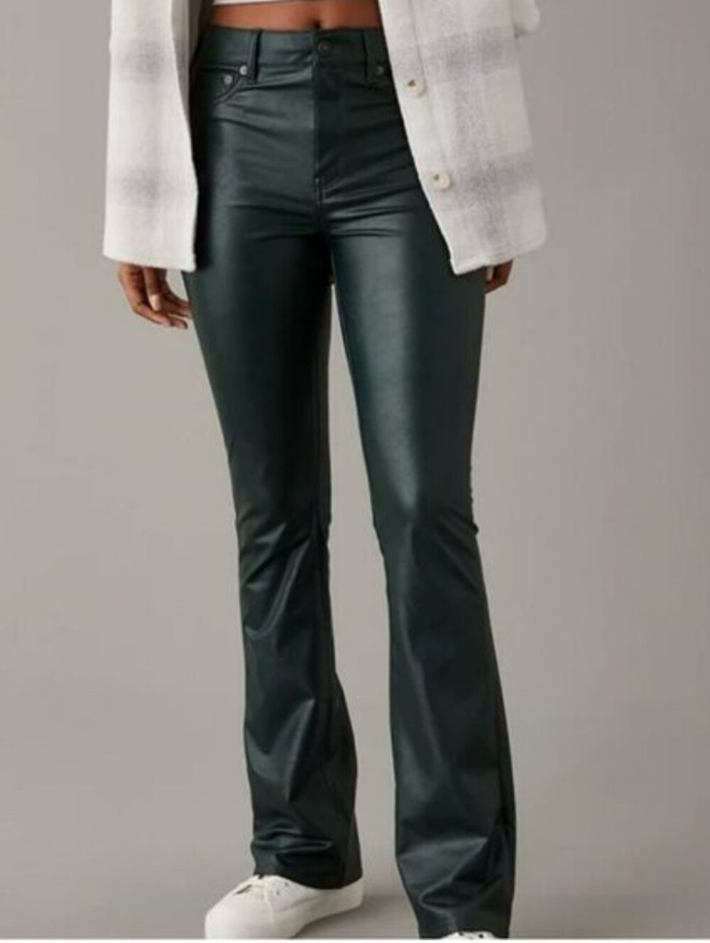 American Eagle Stretch Pants In Green Faux Leather Kick Boot High Rise Size 8